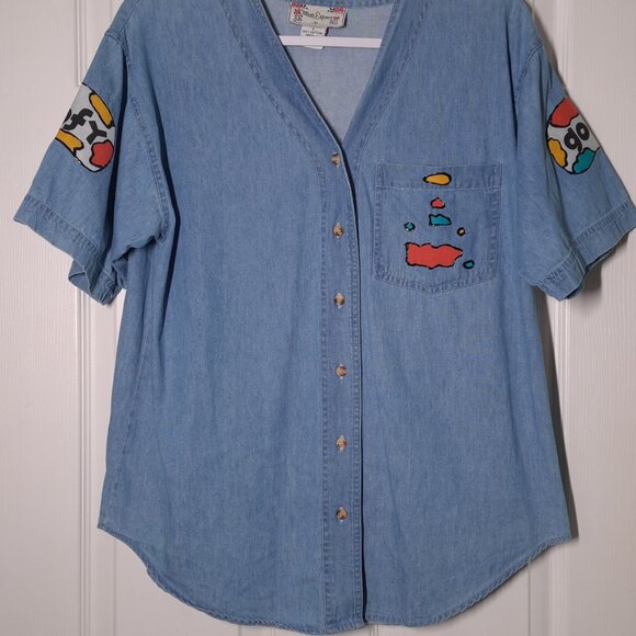 VINTAGE Painter Goofy USED Women's Jersey Shirt (S, Denim, Handmade, Disney) PM - Picture 5 of 11